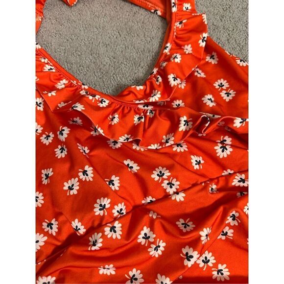 NEW COLUMBINE WRAP-EFFECT FLORAL-PRINT HALTERNECK SWIMSUIT IN TOMATO RED 38/M/6 - Picture 6 of 8